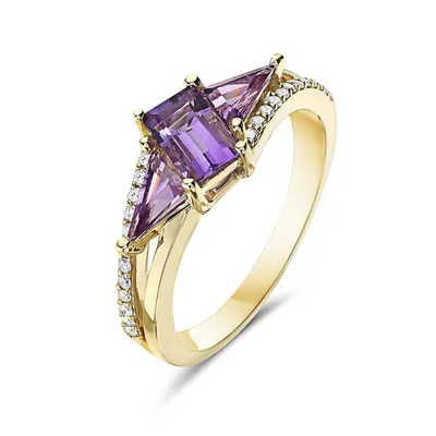 14K Yellow Gold 0.88cttw Amethyst and 0.13cttw Diamond Ring, size 6