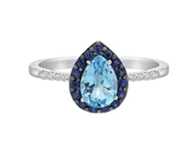 10K White Gold 7x5mm Pear Cut Sky Blue Topaz with Blue Sapphire Halo and 0.10cttw Diamond Ring - Size 7