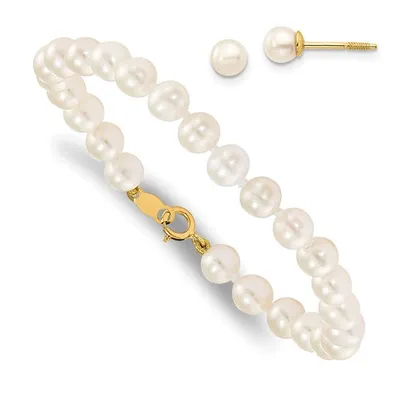 14K  4-5mm White Freshwater Cultured Pearl Bracelet and Earring Set