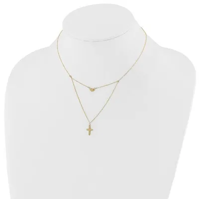 14k Polished 2-Strand Diamond Cut Cross and Heart with 2in. Ext. Necklace - 16-18 Inches