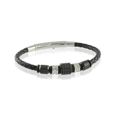 ITALGEM - Stainless Steel Beads & Black Leather Adjustable Bracelet