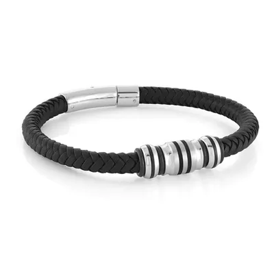 ITALGEM - Stainless Steel Black Beads Leather Bracelet 8.25"