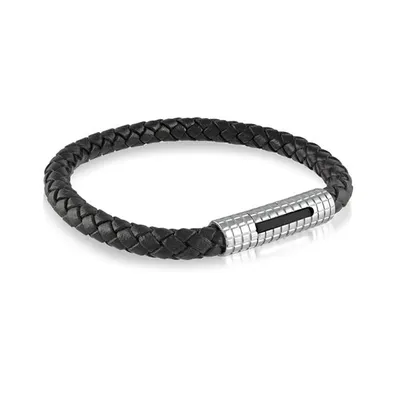 ITALGEM -  Classico Stainless Steel Push Clasp Black Leather Bracelet