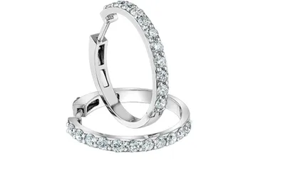 14K White Gold Lab Grown Diamond Claw Set Style Hoops - Carat Total