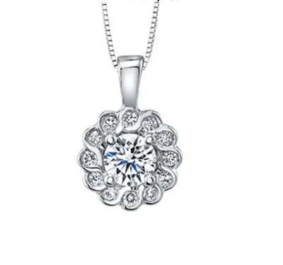 14K White Gold Cluster Diamond Necklace - / Carat Total