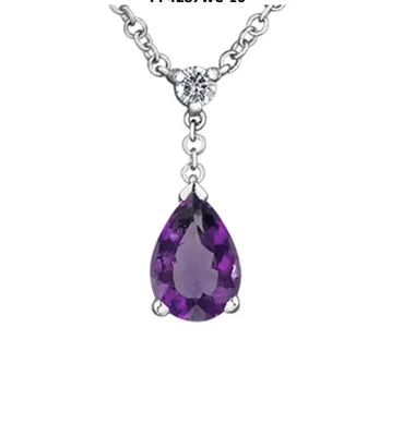 10K White Gold Genuine Pear Shape Amethyst and Canadian Diamond Pendant, 18"