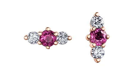 14K Yellow Gold 3mm Pink Sapphire and 0.16cttw Diamond Stud Earrings