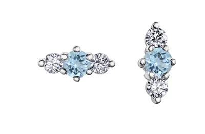 14K White Gold 3mm Aquamarine and 0.16cttw Diamond Stud Earrings