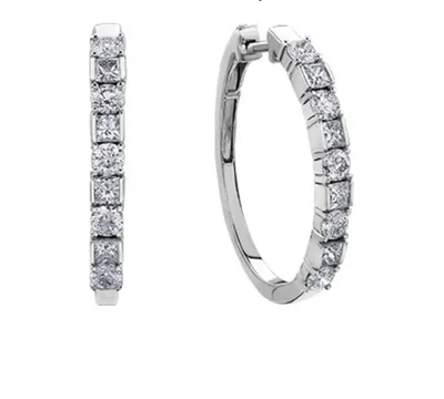 14K White Gold 3.08cttw Canadian Round & Princess Cut Diamond Hoop Earrings