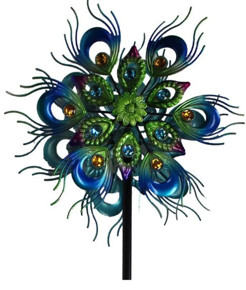Iron Peacock Feather Stake Wind Spinner