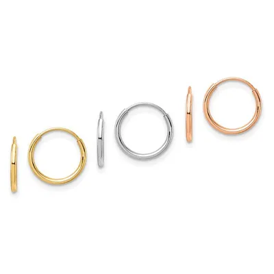 14K Tri Color 3-pair Hoop / Huggie / Sleeper Earrings Set