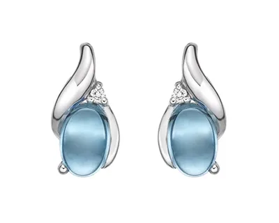 10K White Gold 6x4mm Oval Cabochon Cut Swiss Blue Topaz and 0.02cttw Diamond Earrings