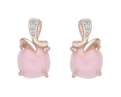 10K Rose Gold 6mm Cushion Cut Pink Opal and 0.01cttw Diamond Earrings with Butterfly Backings