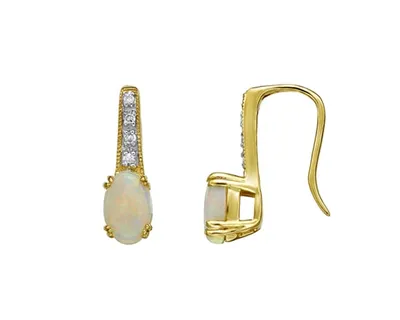 10K Yellow Gold 6x4mm Oval Cut Opal and 0.04cttw Diamond Earrings with Fish Hook Backings