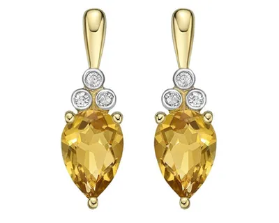 10K Yellow Gold 7x5mm Pear Cut Citrine and 0.03cttw Diamond Dangle Earrings with Butterfly Backings