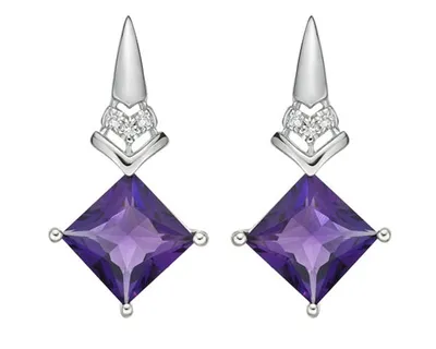 10K White Gold 6.0mm Princess Cut Amethyst and 0.024cttw Diamond Dangle Earrings