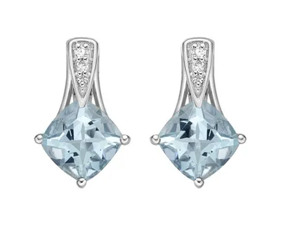 10K White Gold 6.0mm Cushion Cut  Aquamarine and 0.026cttw Diamond Dangle Earrings