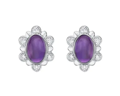 10K White Gold 6x4mm Oval Cabochon Cut Amethyst and 0.05cttw Diamond Flower/Halo Stud Earrings
