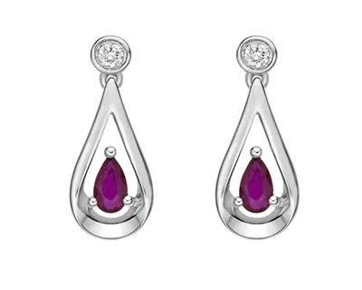 10K White Gold 5x3mm Pear Cut Ruby and 0.08cttw Diamond Dangle Earrings with Butterfly Backings