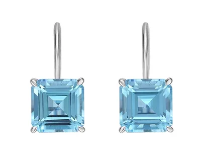 10K White Gold 6mm Emerald Cut Swiss Blue Topaz Leverback Earrings