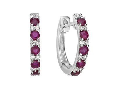 10K White Gold 2.20mm Round Cut Ruby and 0.15cttw Diamond Hoop Earrings with Prong-Set Backings