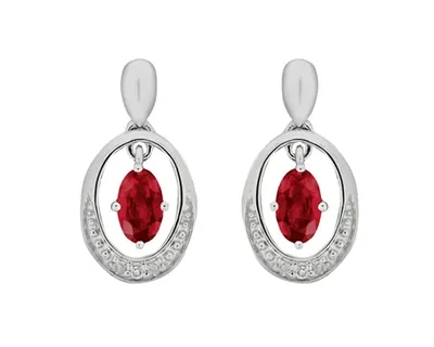 10K White Gold 5x3mm Oval Cut Ruby and 0.03cttw Diamond Dangle Earrings with Butterfly Backings