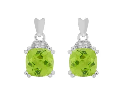 10K White Gold Cushion Cut Peridot and 0.01cttw Diamond Dangle Earrings with Butterfly Backings