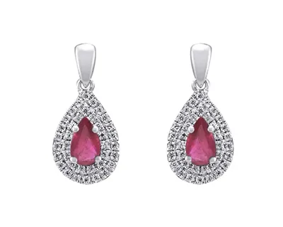 10K White Gold 5x3mm Pear Cut Ruby and 0.30cttw Diamond Halo Dangle Earrings with Butterfly Backings