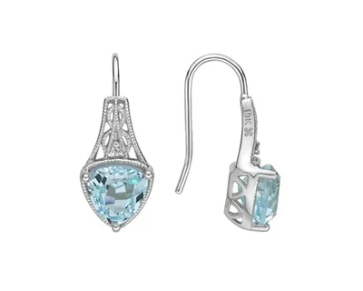 10K White Gold 7mm Trillion Cut Sky Blue Topaz and 0.01cttw Diamond Dangle Earrings with Fish Hook Backings