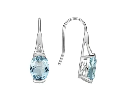 10K White Gold 8x6mm Oval Cut Sky Blue Topaz and 0.017cttw Diamond Dangle Earrings