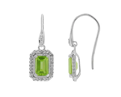 10K White Gold 6x4mm Emerald Cut Peridot and 0.15cttw Diamond Halo Dangle Earrings with Fish Hook Backings