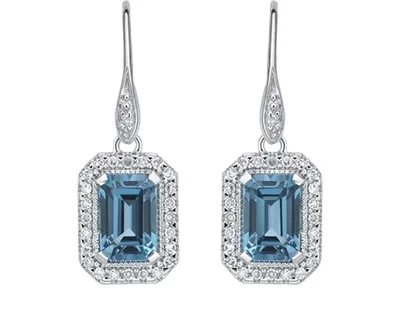 10K White Gold 6x4mm Emerald Cut London Blue Topaz and 0.15cttw Diamond Earrings