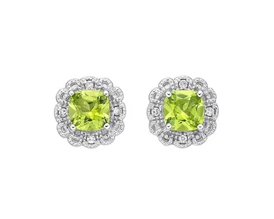 10K White Gold 4mm Cushion Cut Peridot and 0.026cttw Diamond Halo Stud Earrings with Butterfly Backings