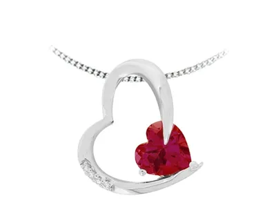 10K White Gold Created Ruby and 0.02cttw Diamond Heart Necklace  - 18 Inches