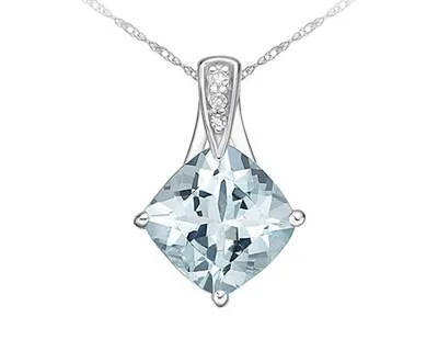 10K White Gold 8.0mm Cushion Cut Aquamarine & 0.021cttw Diamond Pendant - 18"