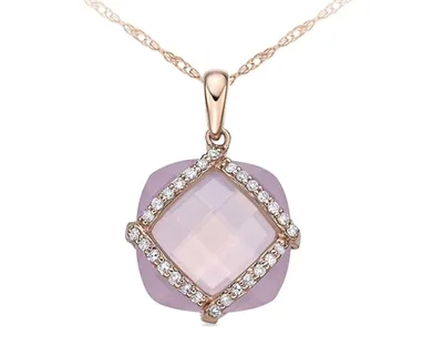 10K Rose Gold 12mm Cushion Cut Rose Quartz and 0.15cttw Diamond Pendant