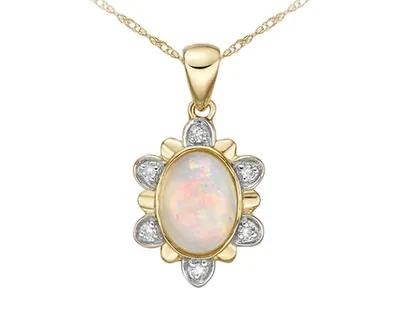 10K Yellow Gold 7x5mm Oval Cut White Opal and 0.03cttw Diamond Pendant - 18 Inches
