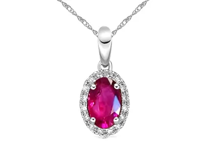10K White Gold 6x4mm Oval Cut Ruby and 0.06cttw Diamond Halo Pendant - 18 inches