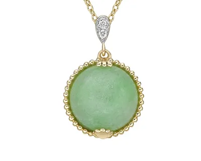 10K Yellow Gold 10mm Round Cut Cabochon Jade and 0.017cttw Diamond Pendant - 18"