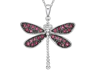 10K White Gold 1.30-1.60mm Round Cut Ruby and 0.01cttw Diamond Dragonfly Pendant - 18 inches