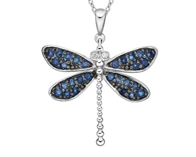 10K White Gold 1.30-1.60mm Round Cut Sapphire and 0.01cttw Diamond Dragonfly Pendant - 18 inches
