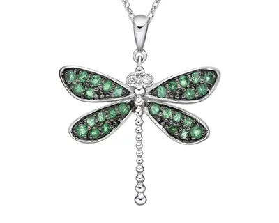 10K White Gold 1.30-1.60mm Round Cut Emerald and 0.01cttw Diamond Dragonfly Pendant - 18 inches