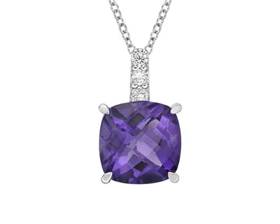 10K White Gold 2.00cttw Cushion Cut Amethyst and 0.06cttw Diamond Pendant, 18"