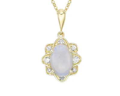 10K Yellow Gold 7x5mm Oval Cut White Opal and 0.051cttw Diamond Halo Pendant - 18 Inches