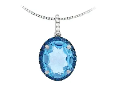 10K White Gold Oval Cut London Blue Topaz and 0.03cttw Diamond Pendant, 18 - Inches