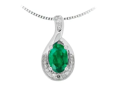 10K White Gold 6x4mm Oval Cut Emerald and 0.025cttw Diamond Pendant - 18 inches