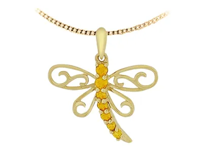 10K Yellow Gold Round Cut Citrine Dragonfly Pendant - 18 Inches