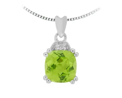 10K White Gold 6mm Cushion Cut Peridot and 0.01cttw Diamond Pendant - 18 inches