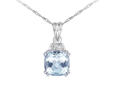 10K Gold 6.0mm Cushion Cut Aquamarine & 0.01cttw Diamond Pendant