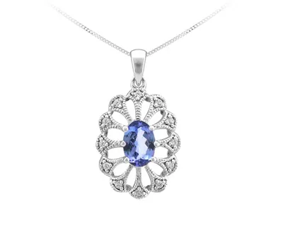 10K White Gold 6x4mm Oval Cut Tanzanite and 0.05cttw Diamond Halo Pendant - 18 Inches